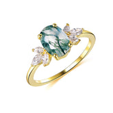 Oval Natural Moss Agate Marquise Moissanite Leaf Ring 14K Yellow Gold - Lord of Gem Rings