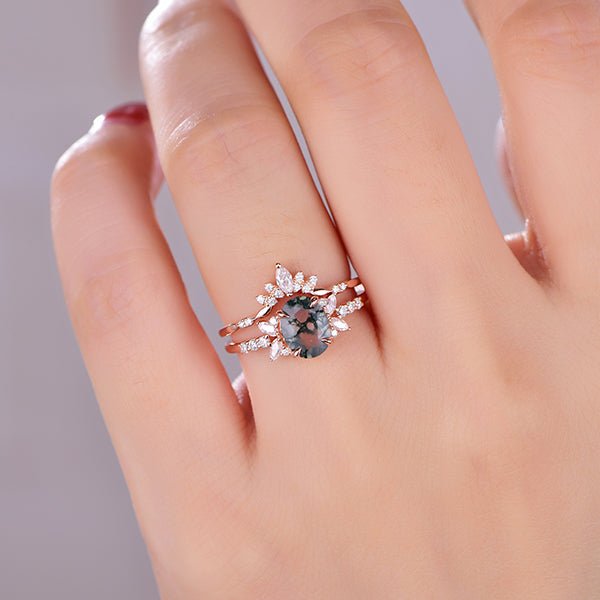 Oval Natural Moss Agate Ring Matching Curved Marquise Band, 14K Gold/Silver - Lord of Gem Rings