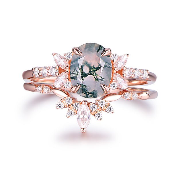 Oval Natural Moss Agate Ring Matching Curved Marquise Band, 14K Gold/Silver - Lord of Gem Rings