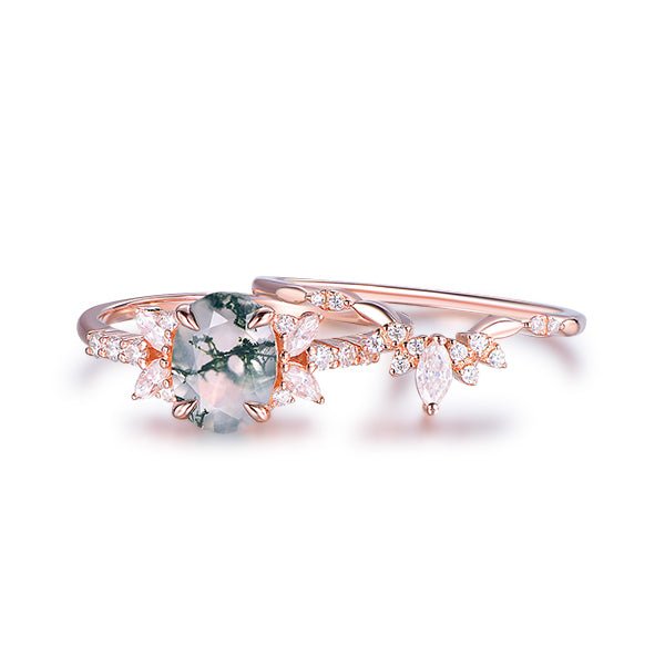 Oval Natural Moss Agate Ring Matching Curved Marquise Band, 14K Gold/Silver - Lord of Gem Rings