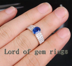 Oval Natural Sapphire Triple Row Diamond Engagement Ring - Lord of Gem Rings