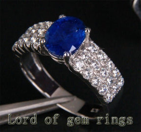 Oval Natural Sapphire Triple Row Diamond Engagement Ring - Lord of Gem Rings