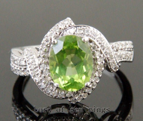 Oval Peridot Diamond Floral Halo Engagement Ring 14K White Gold - Lord of Gem Rings