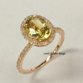 Oval Peridot Diamond Halo Engagement Ring 14K Rose Gold - Lord of Gem Rings