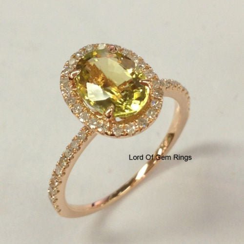 Oval Peridot Diamond Halo Engagement Ring 14K Rose Gold