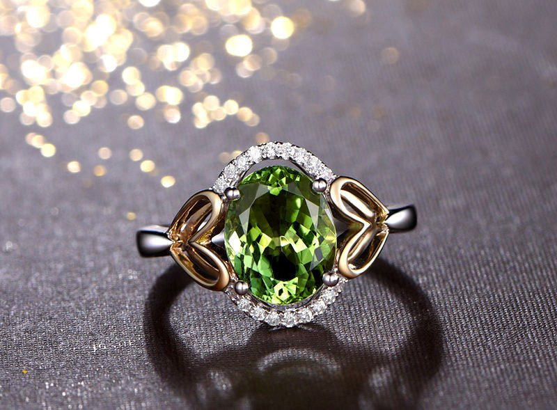 Oval Peridot Diamond Heart Engagement Ring in Two-Tone Gold - Lord of Gem Rings