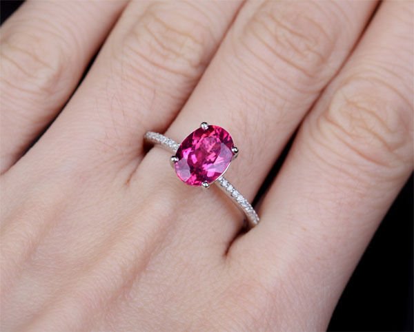 Oval Pink Tourmaline Diamond Hidden Accents Engagement Ring - Lord of Gem Rings