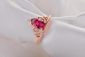 Oval Pink Tourmaline Engagement Diamond Crown Ring 14K Rose Gold - Lord of Gem Rings