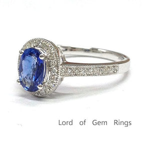 Oval Tanzanite Milgrain Diamond Halo Engagement Ring 14K White Gold - Lord of Gem Rings