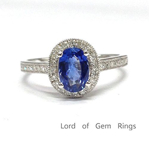 Oval Tanzanite Milgrain Diamond Halo Engagement Ring 14K White Gold - Lord of Gem Rings