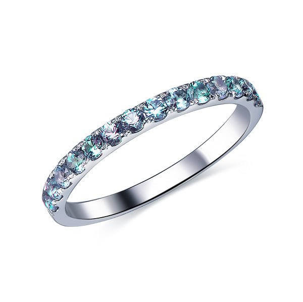 Women's 2mm Half Eternity Ring - Genuine 925 Sterling Silver With Natural Alexandrite & Opal Gemstones, Stackable Band For Engagement, Anniversary