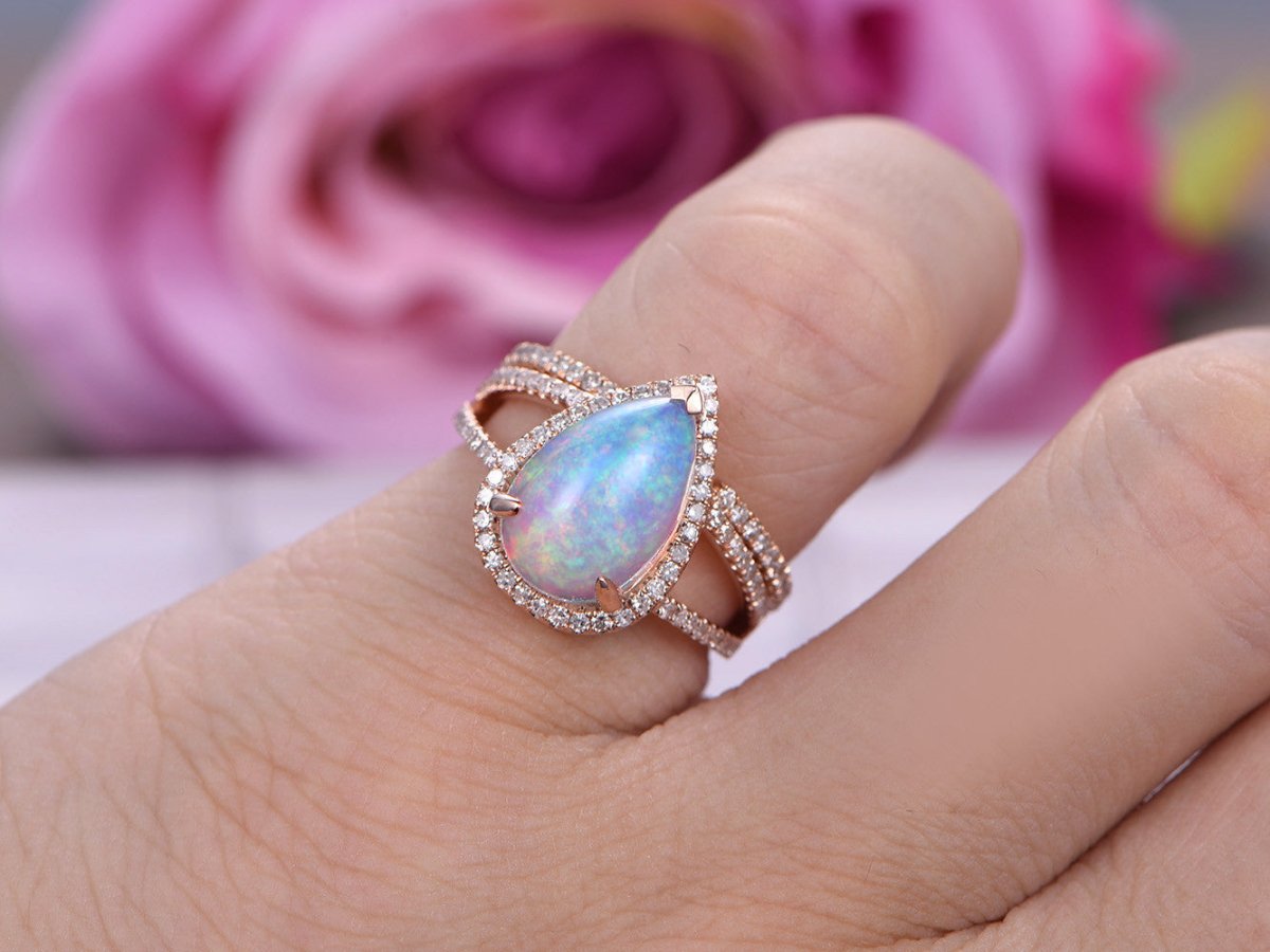 Pear Africa Opal & Diamond Bridal Set 14K Rose Gold - Lord of Gem Rings