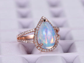 Pear Africa Opal Diamond Halo Split Shank Engagement Ring - Lord of Gem Rings