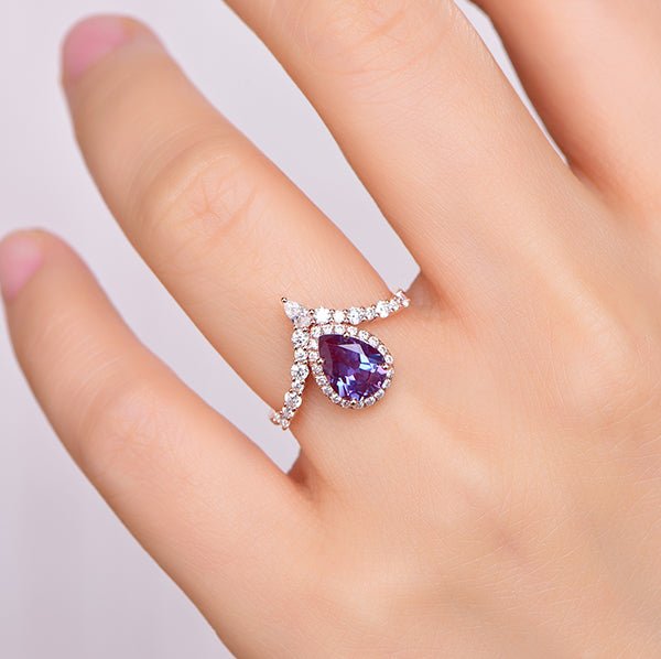 Pear Alexandrite Diamond Halo Engagement Ring 14K Rose Gold - Lord of Gem Rings