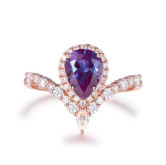 Pear Alexandrite Diamond Halo Engagement Ring 14K Rose Gold