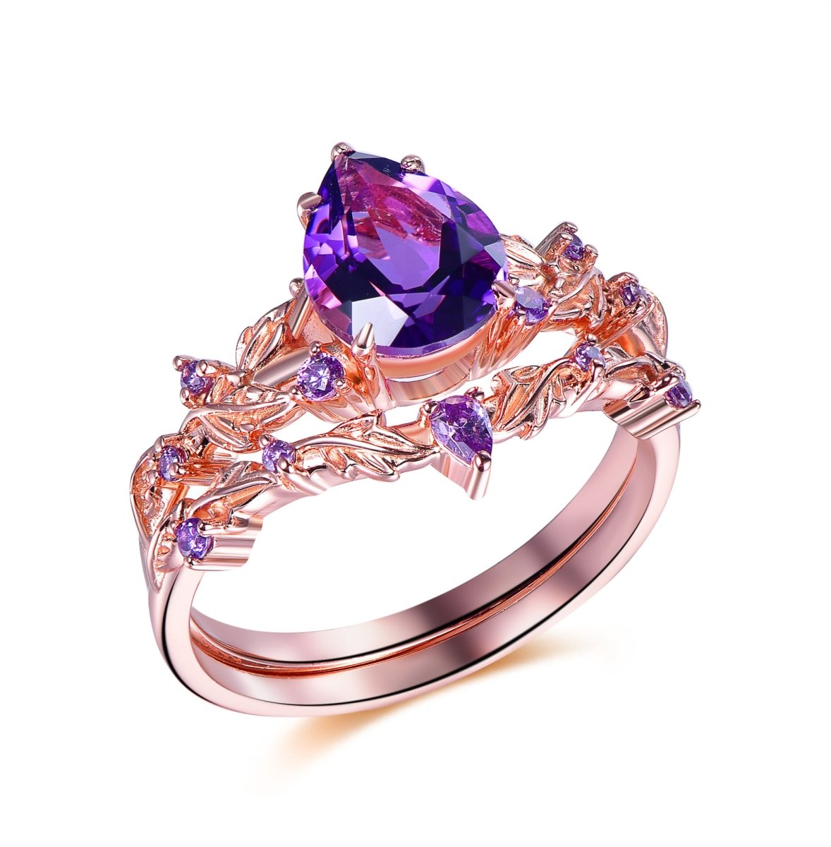 Pear Amethyst Vine Ring Art Deco Bridal Set 14K Gold - Lord of Gem Rings