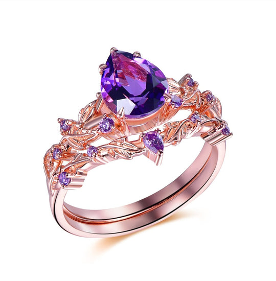 Pear Amethyst Vine Ring Art Deco Bridal Set 14K Gold