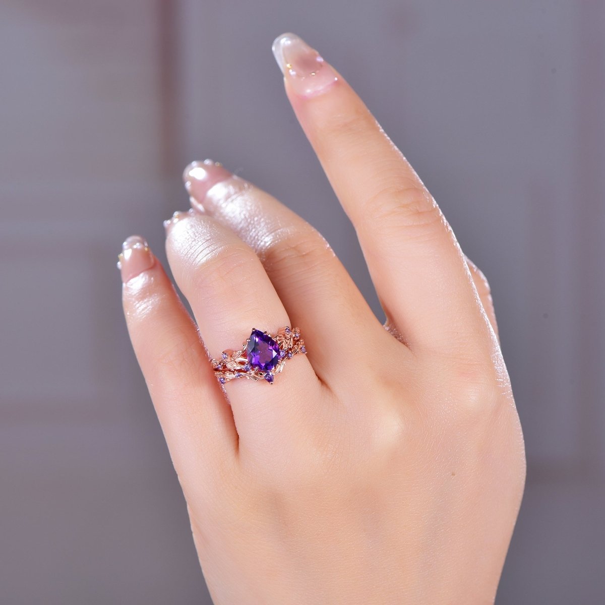 Pear Amethyst Vine Ring Art Deco Bridal Set 14K Gold - Lord of Gem Rings