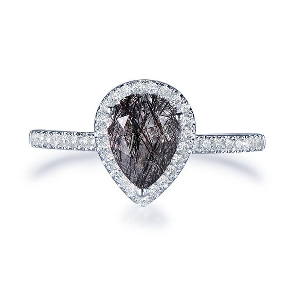 Pear Black Rutilated Quartz Diamond Halo Engagement Ring 14K White Gol