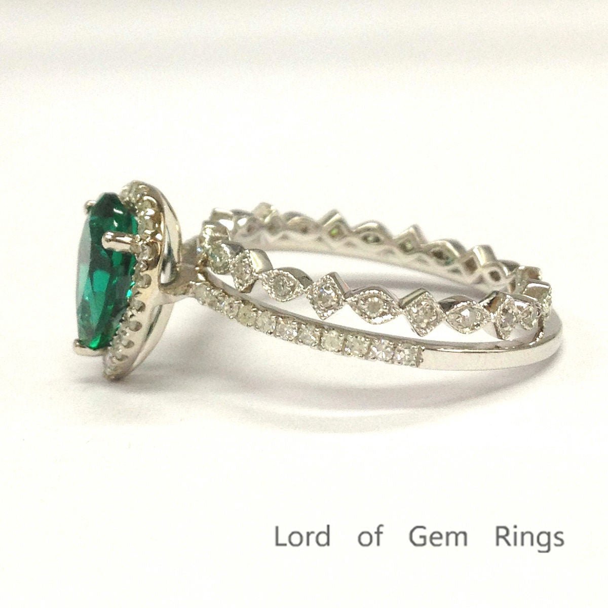 Pear Emerald Diamond Art Deco Bridal Set 14K White Gold - Lord of Gem Rings
