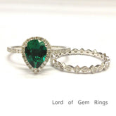 Pear Emerald Diamond Art Deco Bridal Set 14K White Gold - Lord of Gem Rings