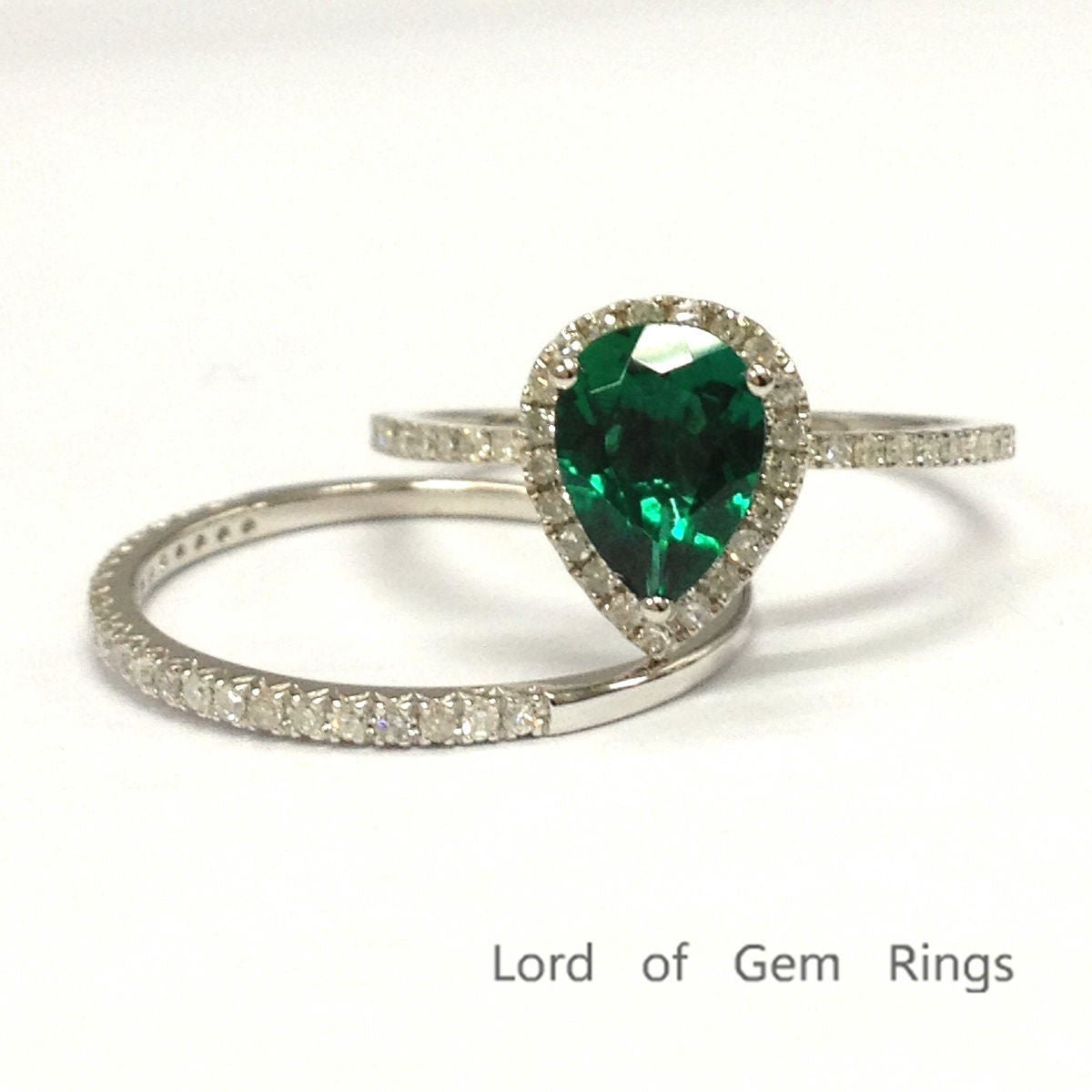Pear Emerald Diamond Bridal Set 14K White Gold - Lord of Gem Rings