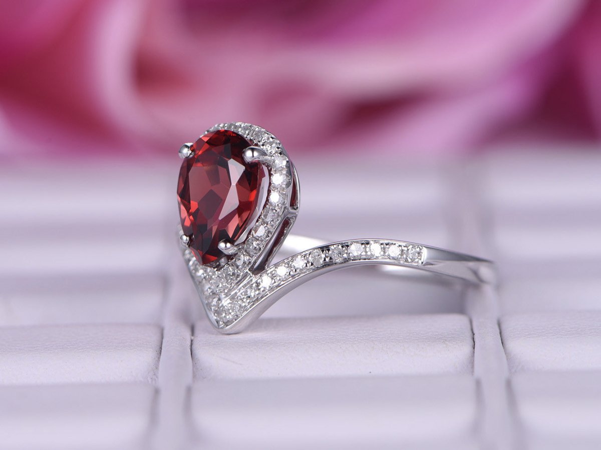 Pear Garnet Diamond Accents Bud Ring 14K White Gold - Lord of Gem Rings