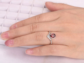 Pear Garnet Diamond Accents Bud Ring 14K White Gold - Lord of Gem Rings