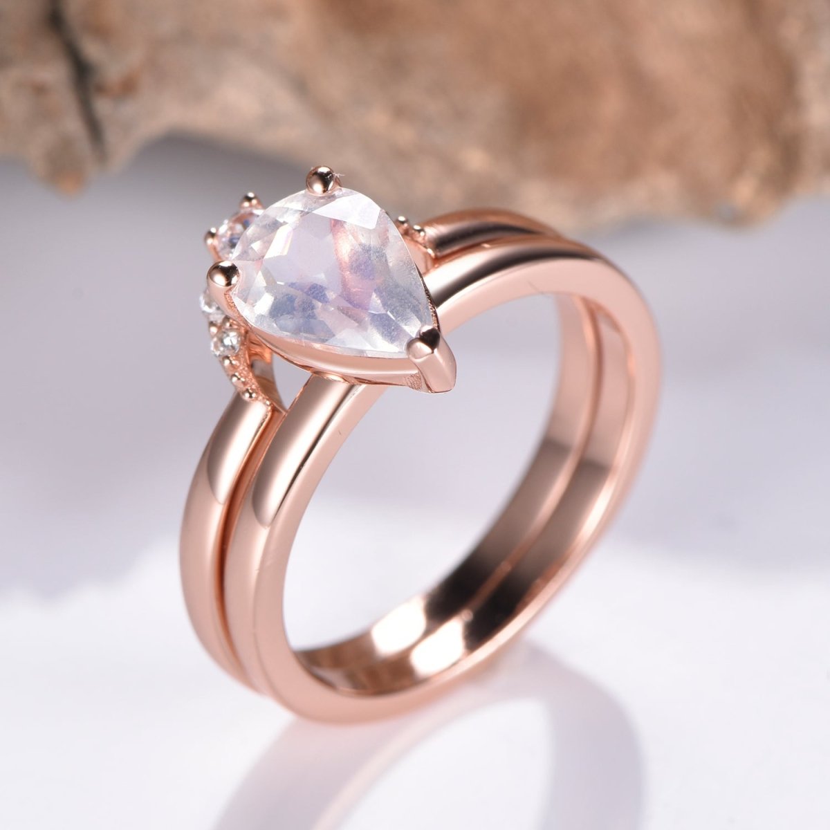 Pear Moonstone Crescent Diamond Band Bridal Set 14K Rose Gold - Lord of Gem Rings