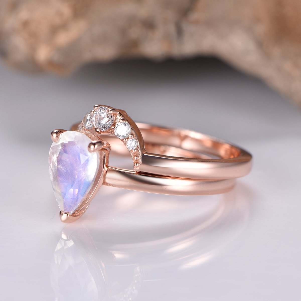 Pear Moonstone Crescent Diamond Band Bridal Set 14K Rose Gold - Lord of Gem Rings