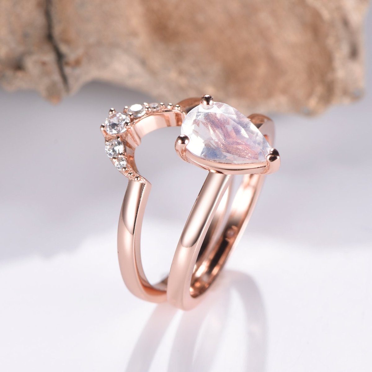 Pear Moonstone Crescent Diamond Band Bridal Set 14K Rose Gold - Lord of Gem Rings