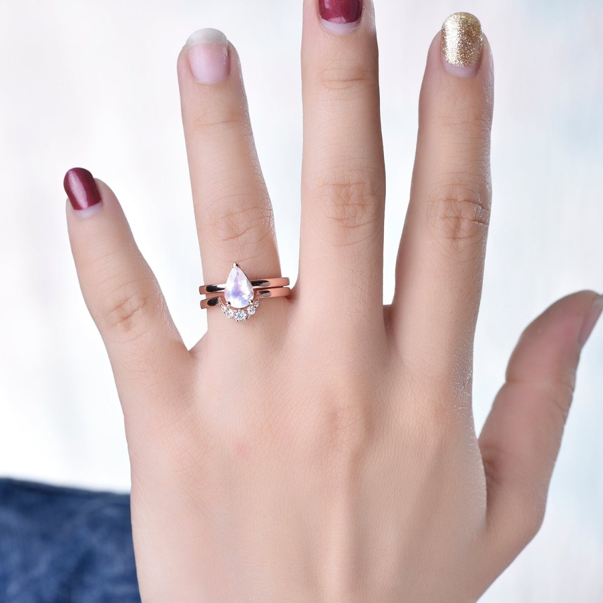 Pear Moonstone Crescent Diamond Band Bridal Set 14K Rose Gold - Lord of Gem Rings