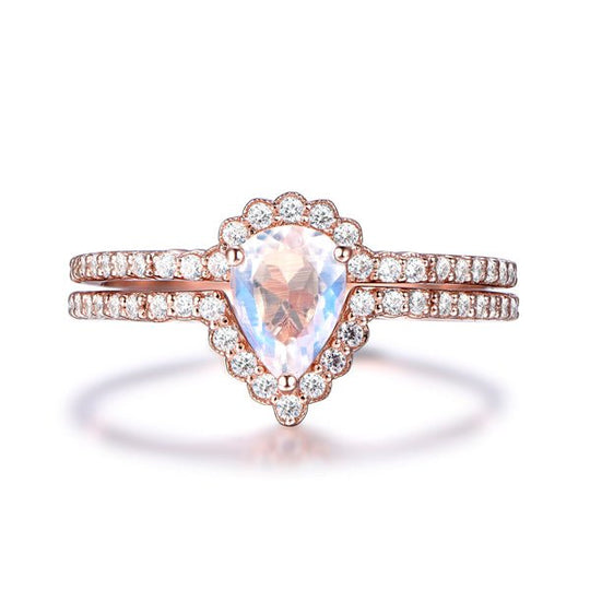 Pear Moonstone Half Halo Curved Diamond Wedding Bridal Set