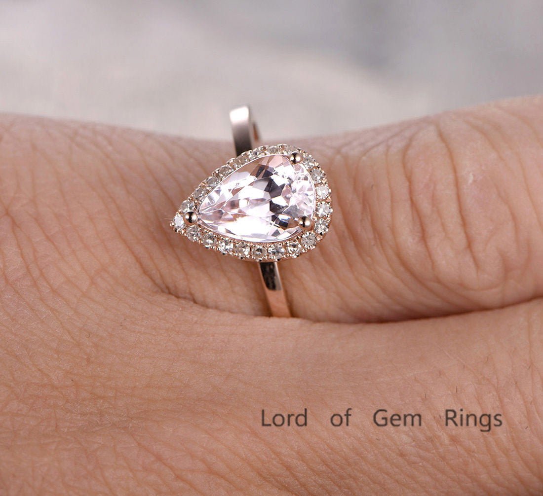 Pear Morganite Engagement Ring Pave Diamond Halo 14K Rose Gold - Lord of Gem Rings