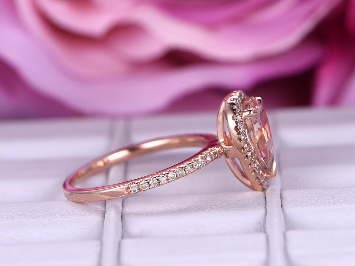 Pear Morganite Ring Accents Diamond Halo 14K Gold - Lord of Gem Rings