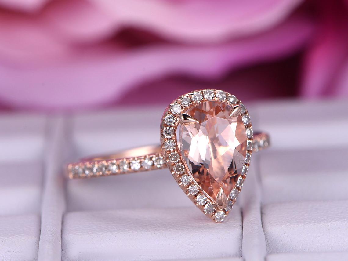 Pear Morganite Ring Accents Diamond Halo 14K Gold - Lord of Gem Rings
