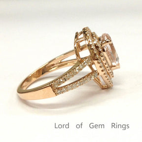Pear Morganite Ring Double Diamond Halo Split Shank 14K Gold - Lord of Gem Rings