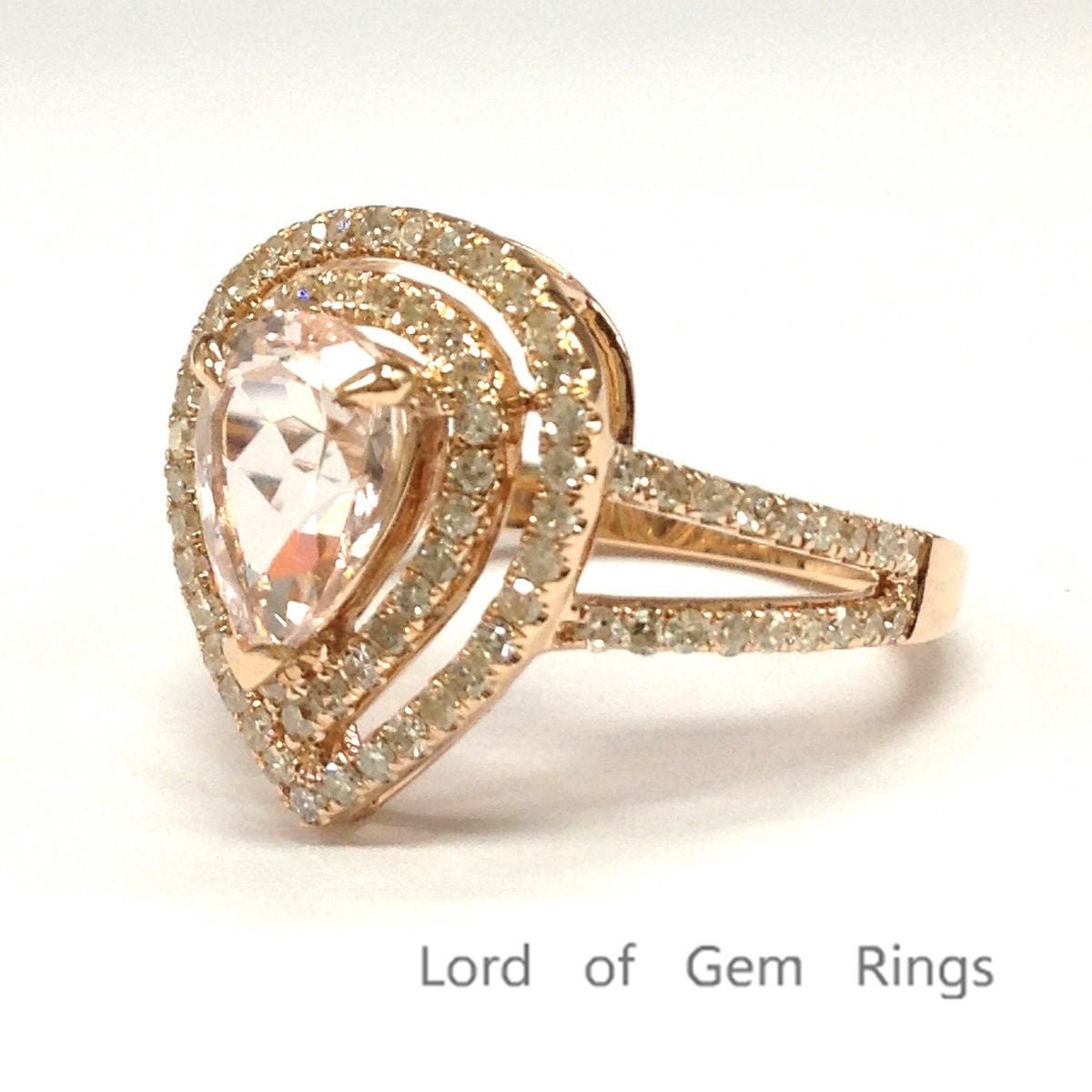 Pear Morganite Ring Double Diamond Halo Split Shank 14K Gold - Lord of Gem Rings