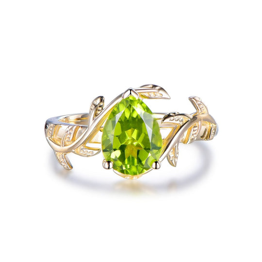 Pear Peridot Engagement Vine Ring, 14K Gold/Silver
