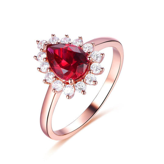 Pear Ruby Diana Moissanite Halo Ring 14K Rose Gold
