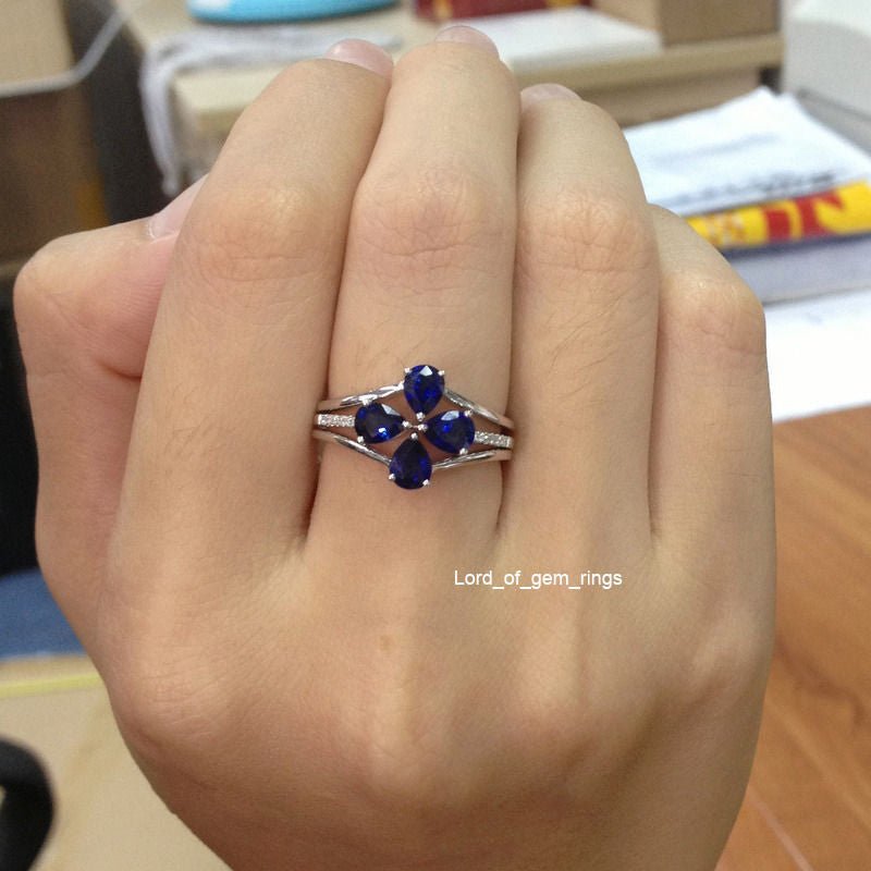 Pear Sapphire Engagement Ring Trio Set Pave Diamond Wedding 14K