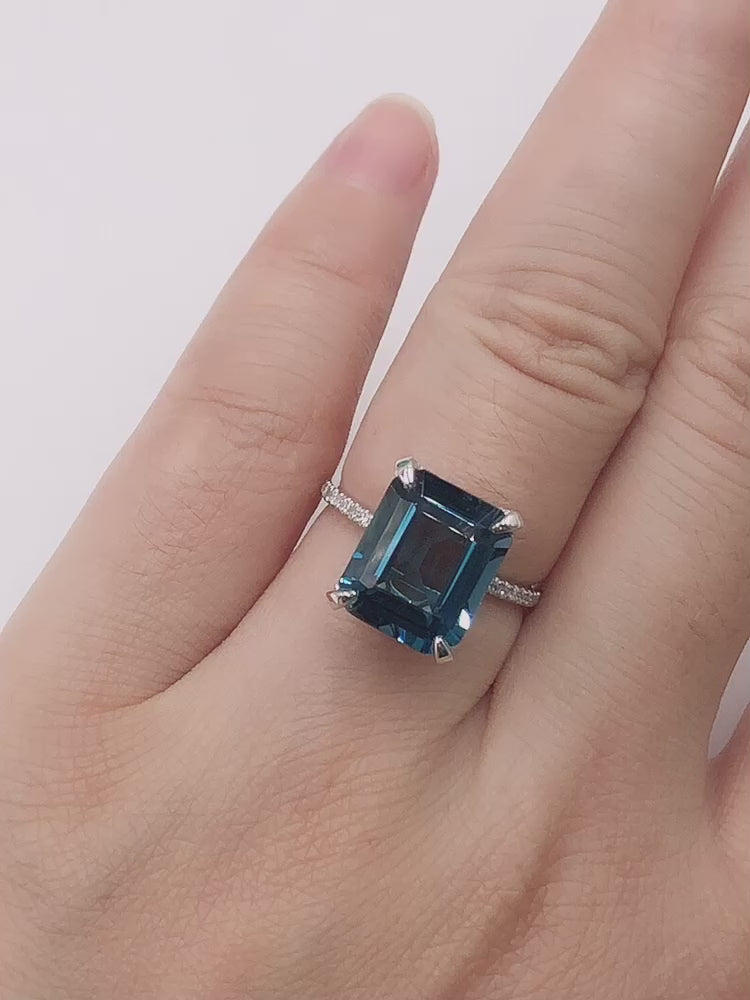 3-7.5ct Emerald Cut London Blue Topaz Diamond Hidden Halo Engagement Ring