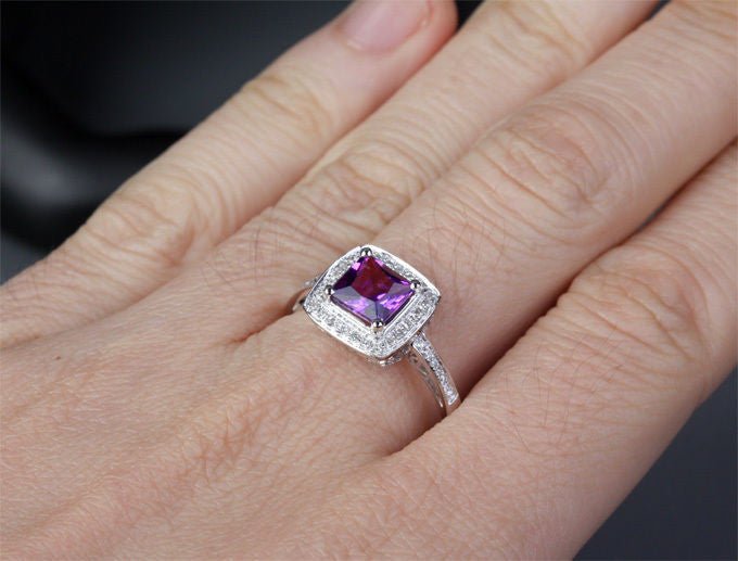 Princess Amethyst Cushion Halo Ring with Diamond Accents 14K White Gold - Lord of Gem Rings