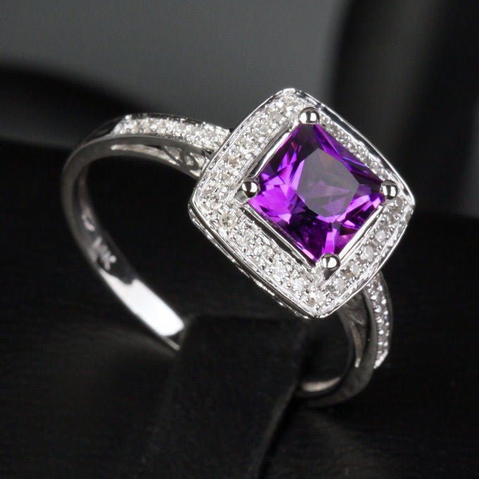 Princess Amethyst Cushion Halo Ring with Diamond Accents 14K White Gold - Lord of Gem Rings