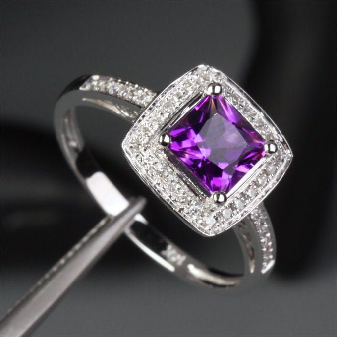 Princess Amethyst Cushion Halo Ring with Diamond Accents 14K White Gold - Lord of Gem Rings