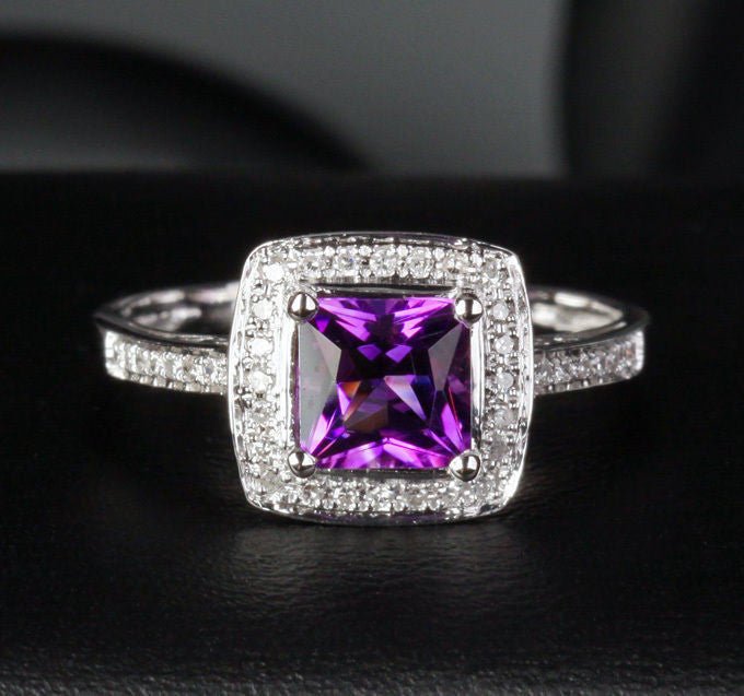 Princess Amethyst Cushion Halo Ring with Diamond Accents 14K White Gold - Lord of Gem Rings