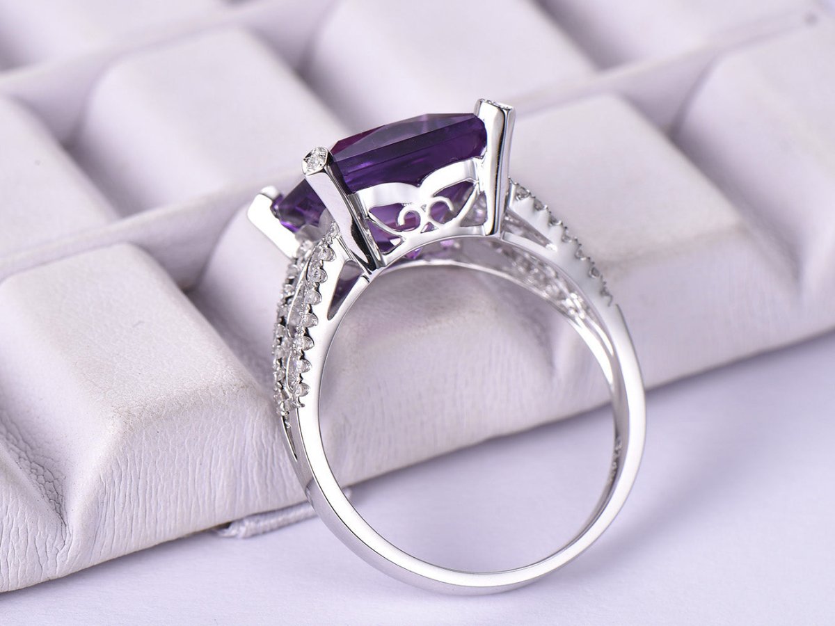 Princess Amethyst Diamond Floral Engagement Ring 14k White Gold - Lord of Gem Rings