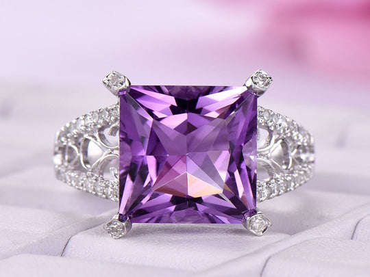 Princess Amethyst Diamond Floral Engagement Ring 14k White Gold