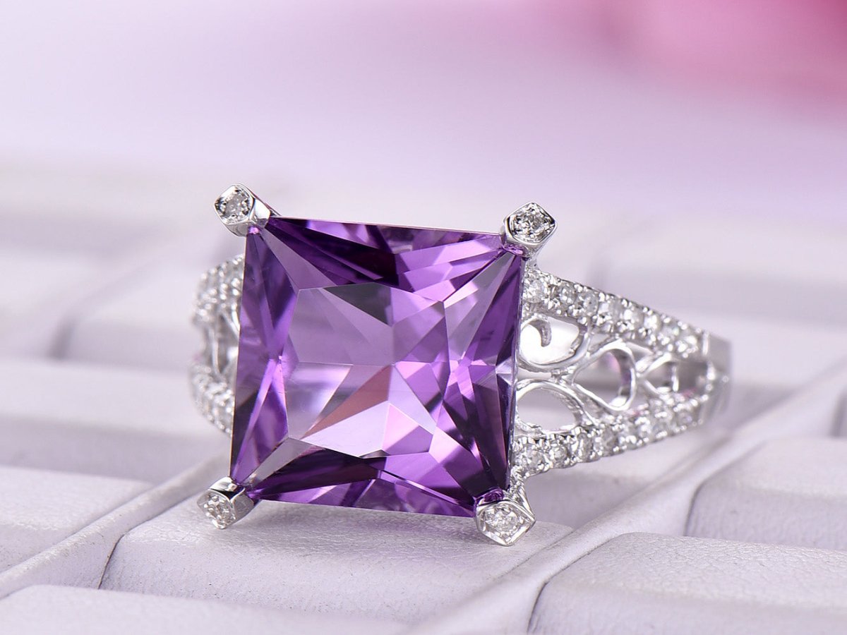 Princess Amethyst Diamond Floral Engagement Ring 14k White Gold - Lord of Gem Rings