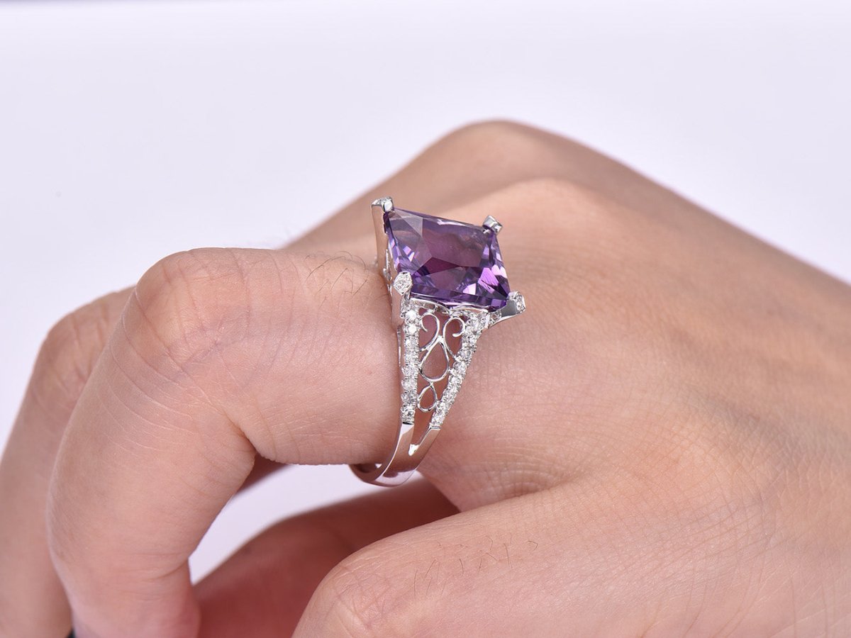 Princess Amethyst Diamond Floral Engagement Ring 14k White Gold - Lord of Gem Rings